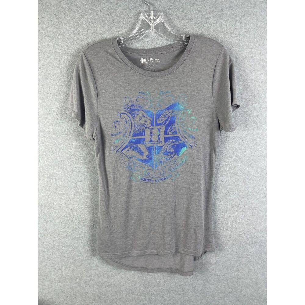 Harry Potter Hogwarts T Shirt Women's Size L Gray Shining Logo Scoop Neck FLAW